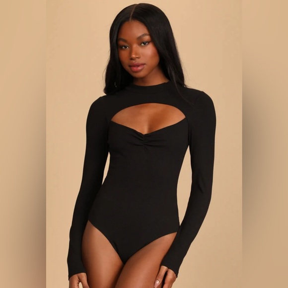 Lulu’s Black Ribbed Long Sleeve Cutout Bodysuit - Picture 2 of 8